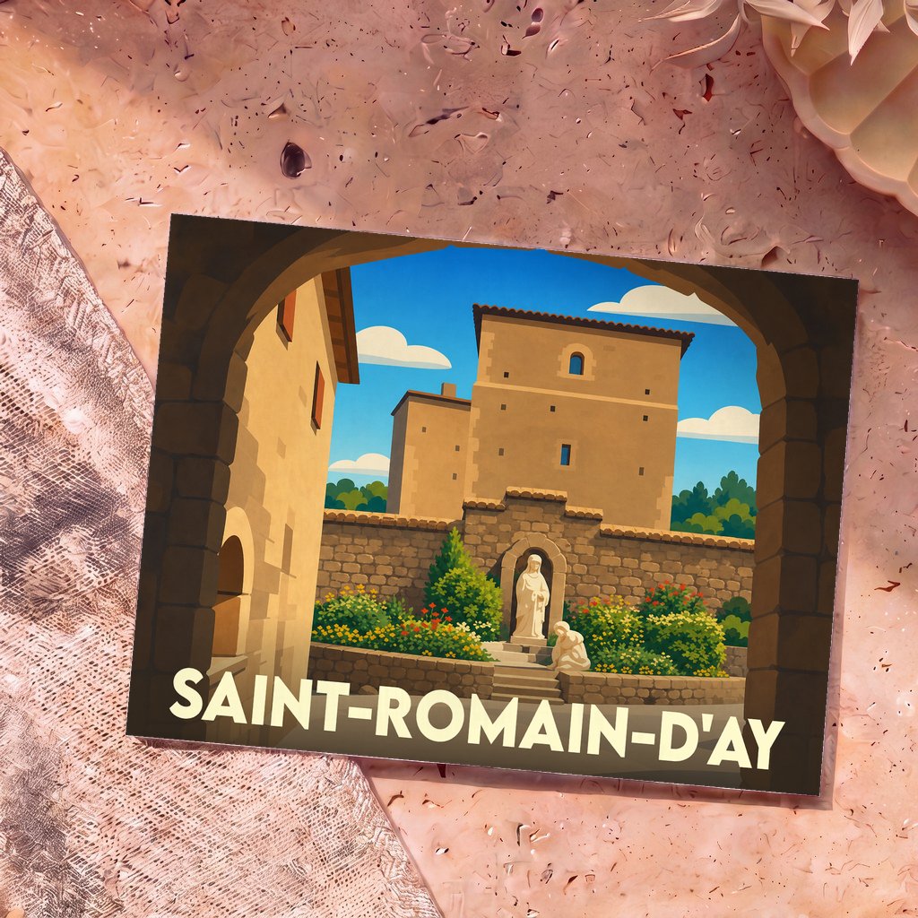 Carte postale souvenir de la ville de Saint-Romain-d'Ay avec une illustration stylisée de son sanctuaire.