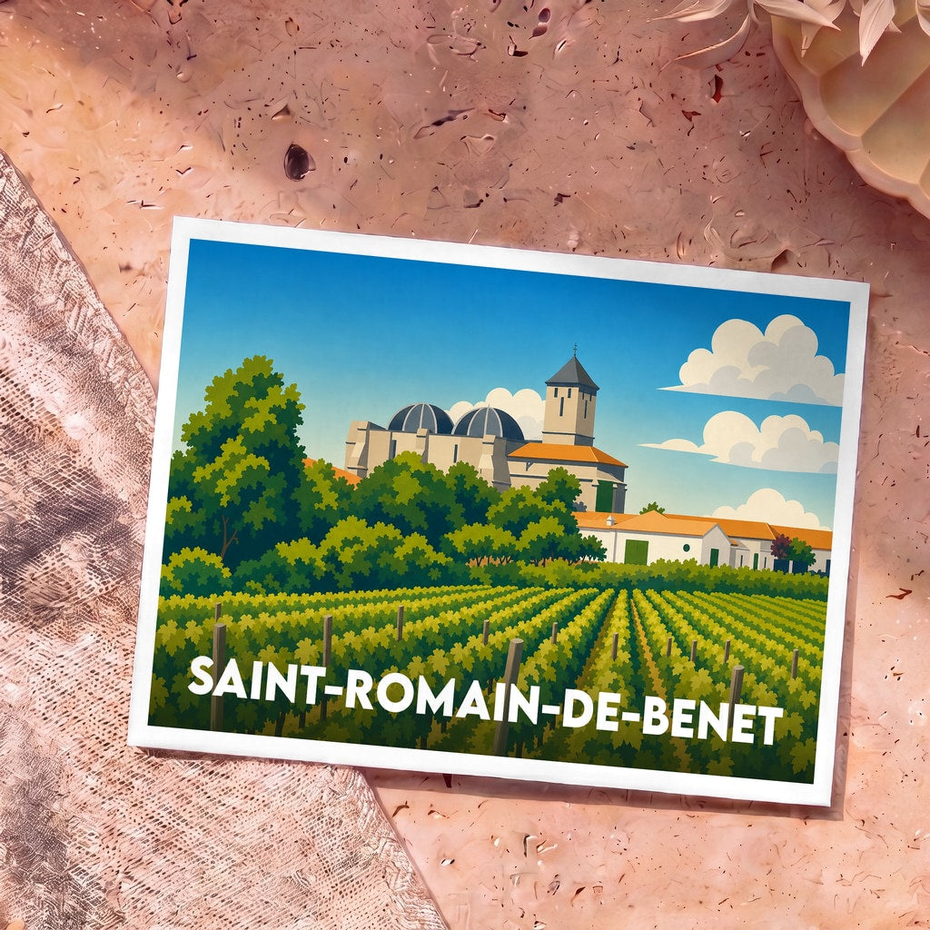 Carte postale souvenir de Saint-Romain-de-Benet avec une illustration stylisée de son église et de ses vignobles.