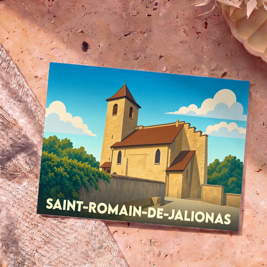 Carte postale souvenir de la ville de Saint-Romain-de-Jalionas avec une illustration stylisée de son église.