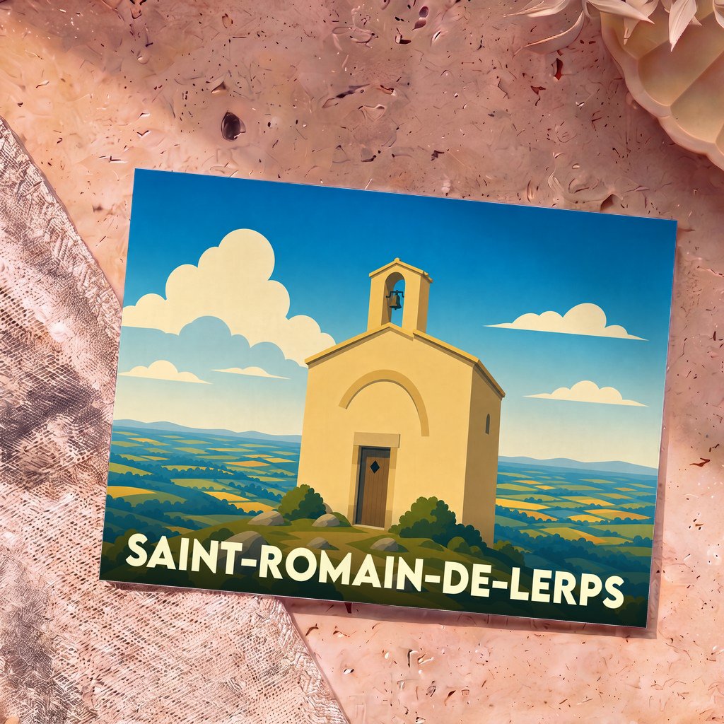 Carte postale souvenir de la ville de Saint-Romain-de-Lerps avec une illustration stylisée d'une chapelle surplombant la vallée.