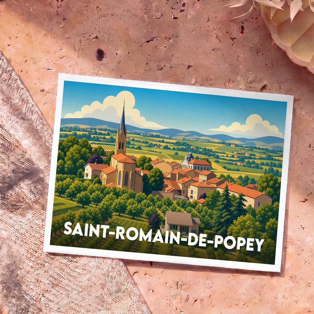 Carte postale souvenir de la ville de Saint-Romain-de-Popey avec une illustration stylisée de son église et de ses paysages vallonnés.