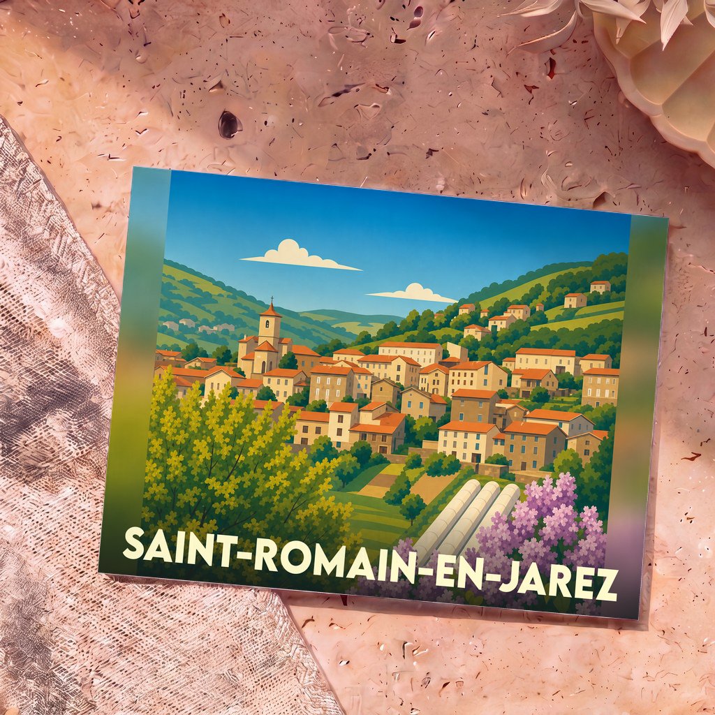 Carte postale souvenir de la ville de Saint-Romain-en-Jarez avec une illustration stylisée.