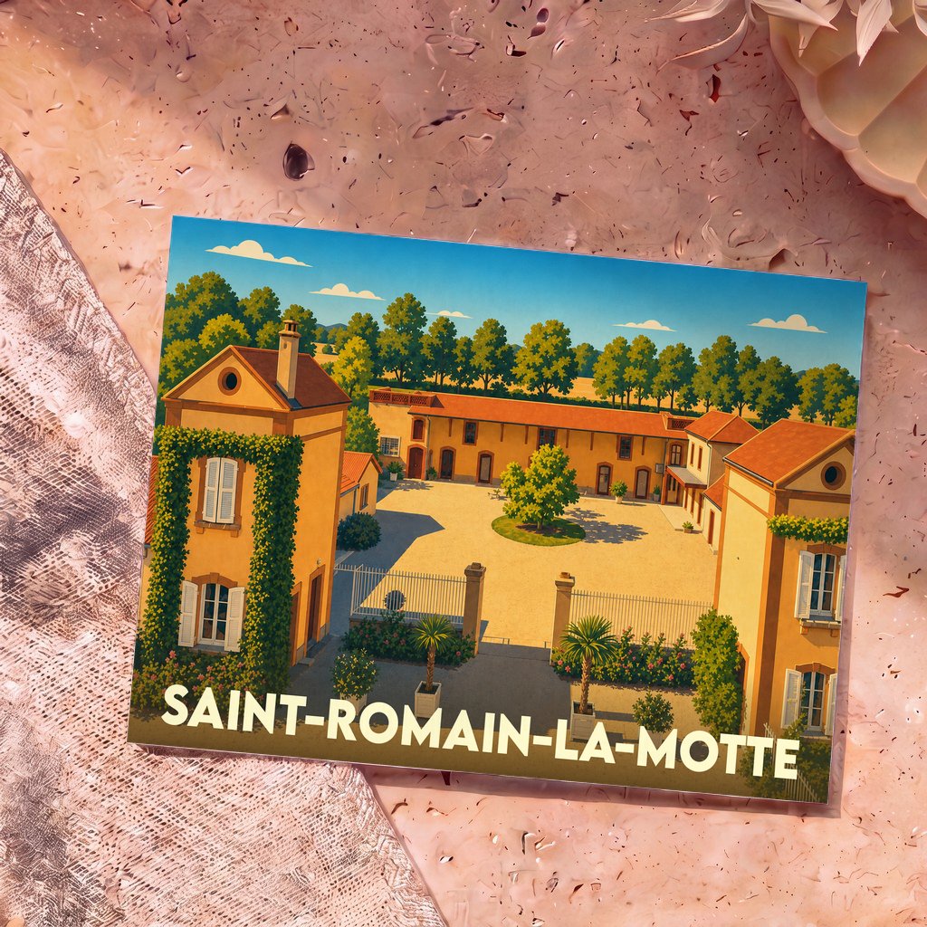 Carte postale souvenir de la ville de Saint-Romain-la-Motte avec une illustration stylisée d'un domaine provençal.