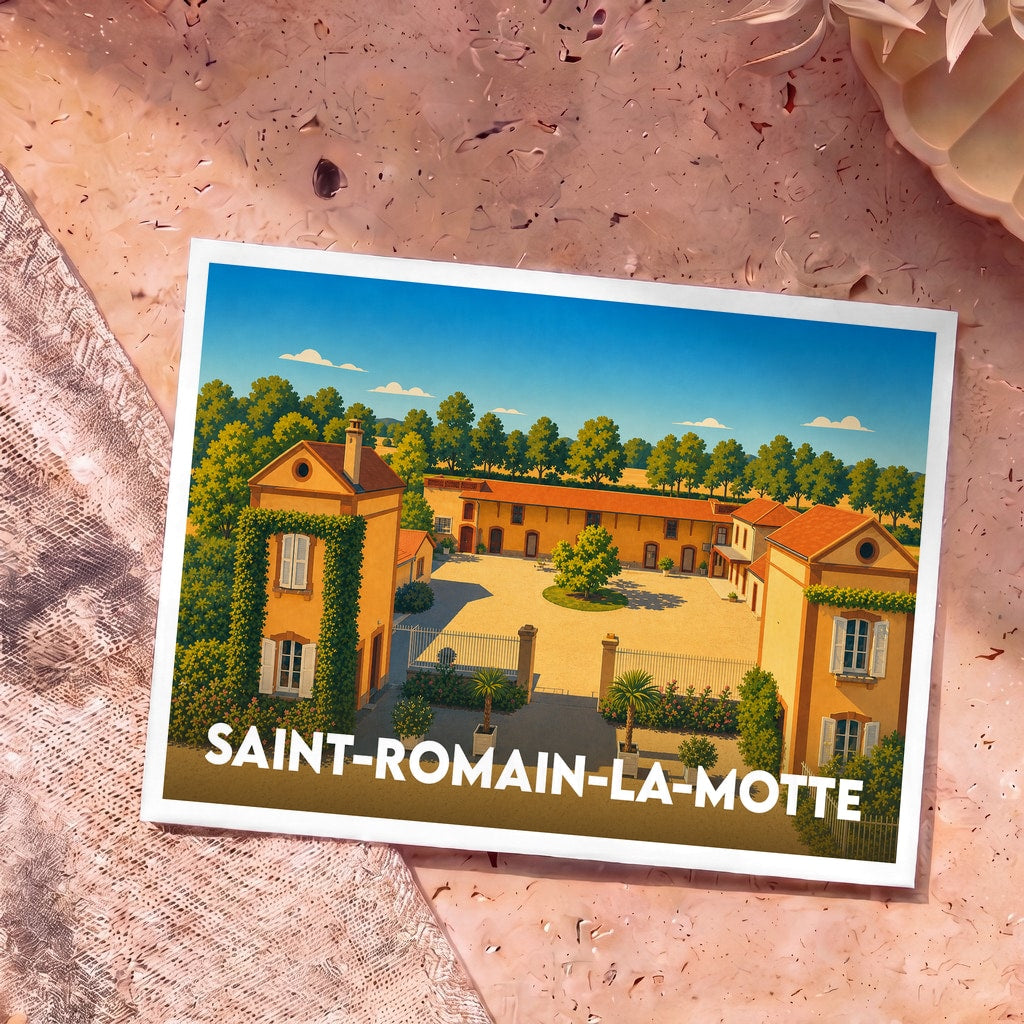 Carte postale souvenir de la ville de Saint-Romain-la-Motte avec une illustration stylisée d'un domaine provençal.