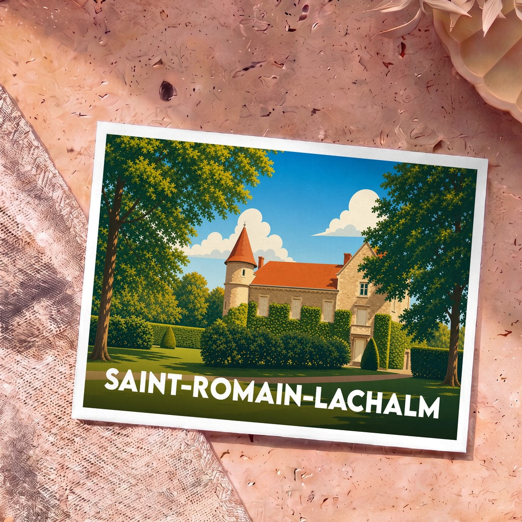Carte postale souvenir de la ville de Saint-Romain-Lachalm avec une illustration stylisée d'un château.