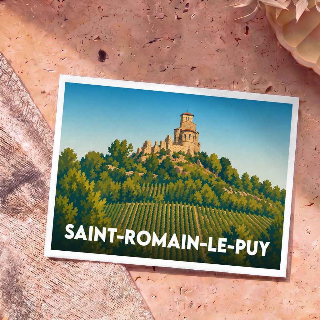 Carte postale souvenir de Saint-Romain-le-Puy illustrant son prieuré perché sur un mont verdoyant.
