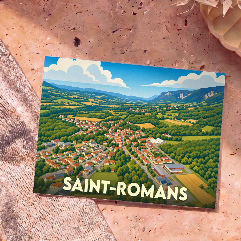 Carte postale souvenir de la ville de Saint-Romans avec une illustration stylisée d'un paysage vallonné.