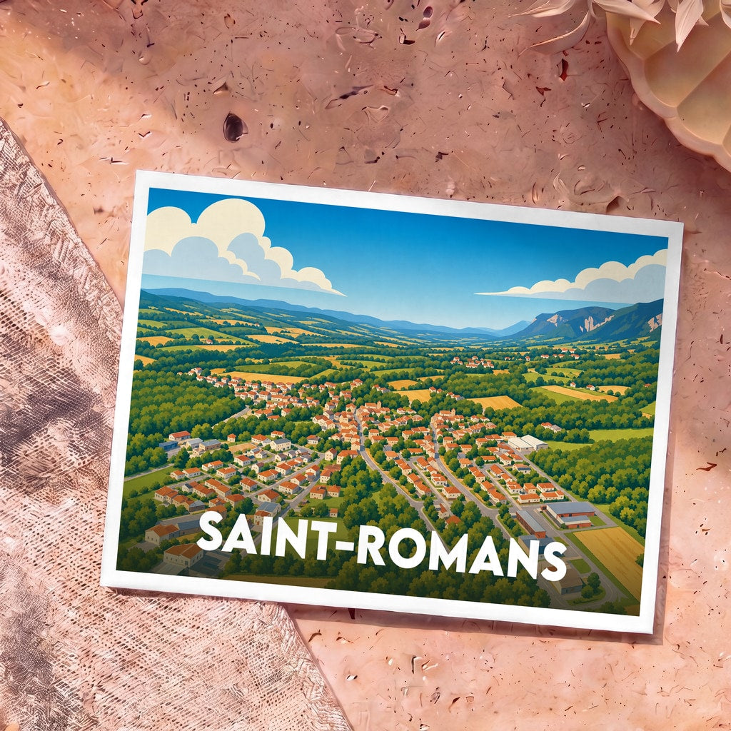 Carte postale souvenir de la ville de Saint-Romans avec une illustration stylisée d'un paysage vallonné.