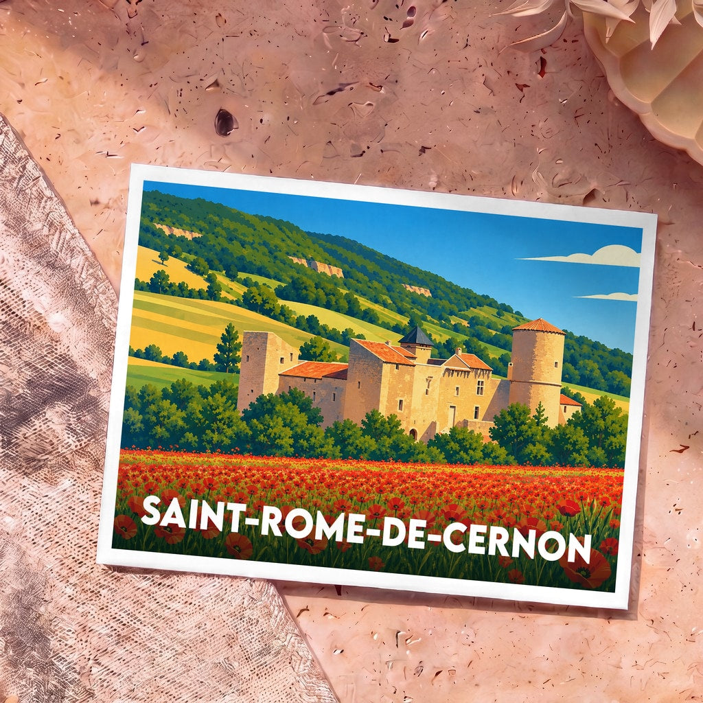 Carte postale souvenir de la ville de Saint-Rome-de-Cernon avec une illustration stylisée de son château et d'un champ de coquelicots.
