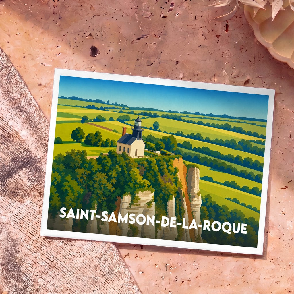 Carte postale souvenir de la ville de Saint-Samson-de-la-Roque avec une illustration stylisée de son phare au sommet d'une falaise.