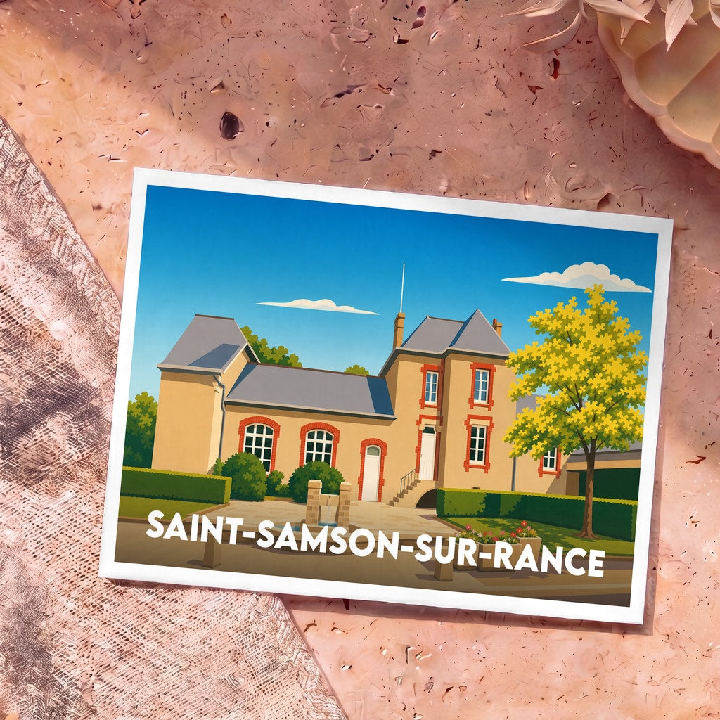 Carte postale souvenir de Saint-Samson-sur-Rance avec une illustration stylisée de la mairie.
