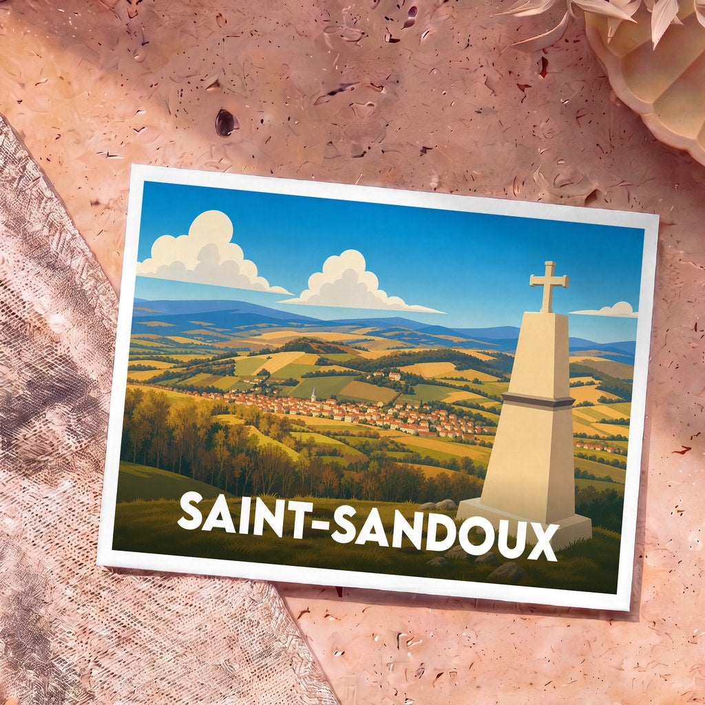 Carte postale souvenir de la ville de Saint-Sandoux avec une illustration stylisée d'un paysage de campagne vallonné.