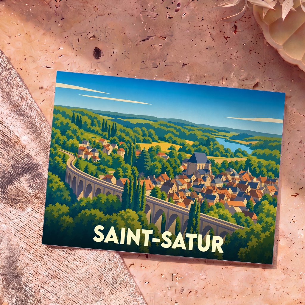 Carte postale souvenir de la ville de Saint-Satur avec une illustration stylisée représentant son viaduc et son église.