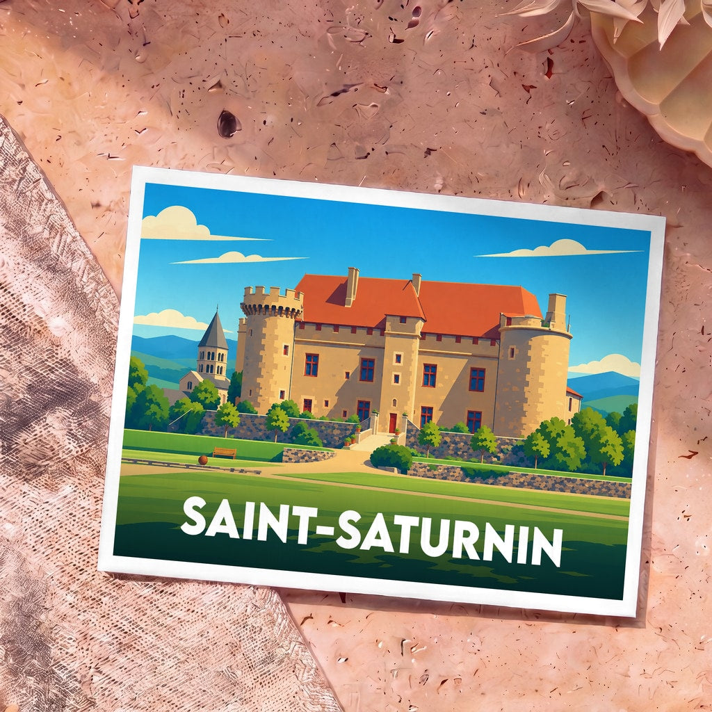 Carte postale souvenir de la ville de Saint-Saturnin avec une illustration stylisée de son château.