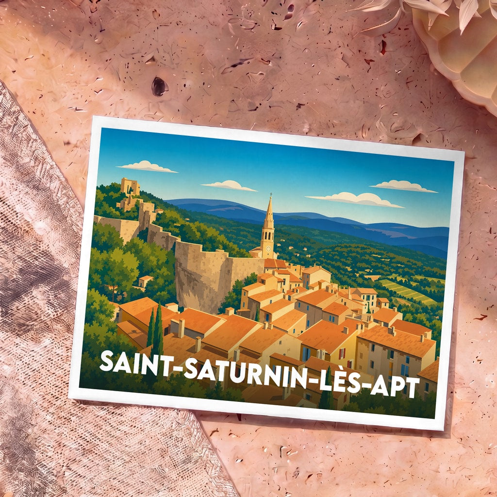 Carte postale souvenir de la ville de Saint-Saturnin-lès-Apt avec une illustration stylisée.