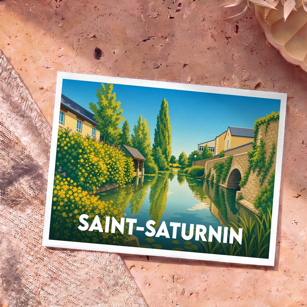Carte postale souvenir de la ville de Saint-Saturnin avec une illustration stylisée d'un canal bordé de fleurs et de maisons.
