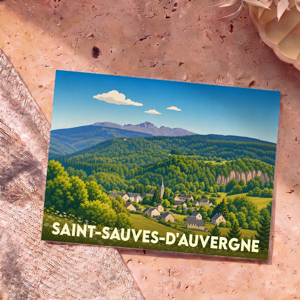 Carte postale souvenir de Saint-Sauves-d'Auvergne illustrant le village niché au cœur des paysages montagneux de l'Auvergne.