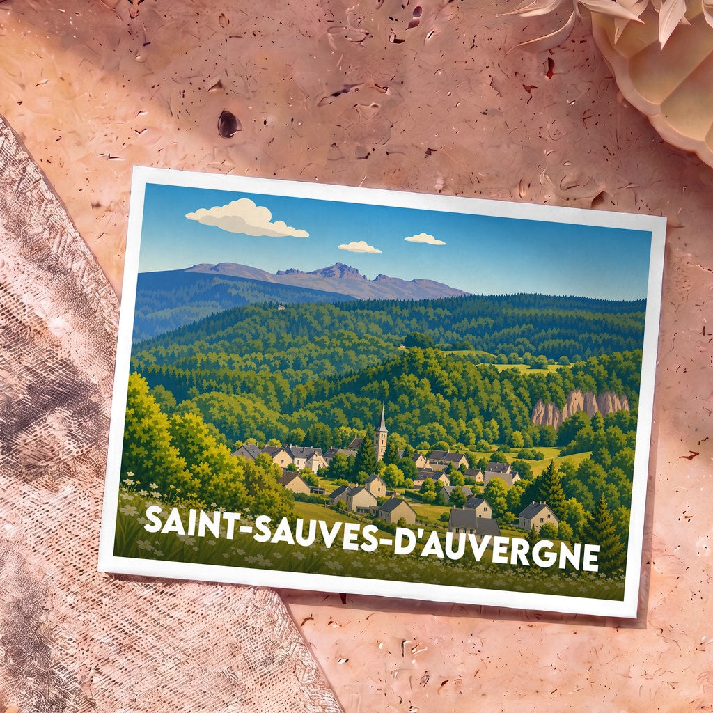 Carte postale souvenir de Saint-Sauves-d'Auvergne illustrant le village niché au cœur des paysages montagneux de l'Auvergne.