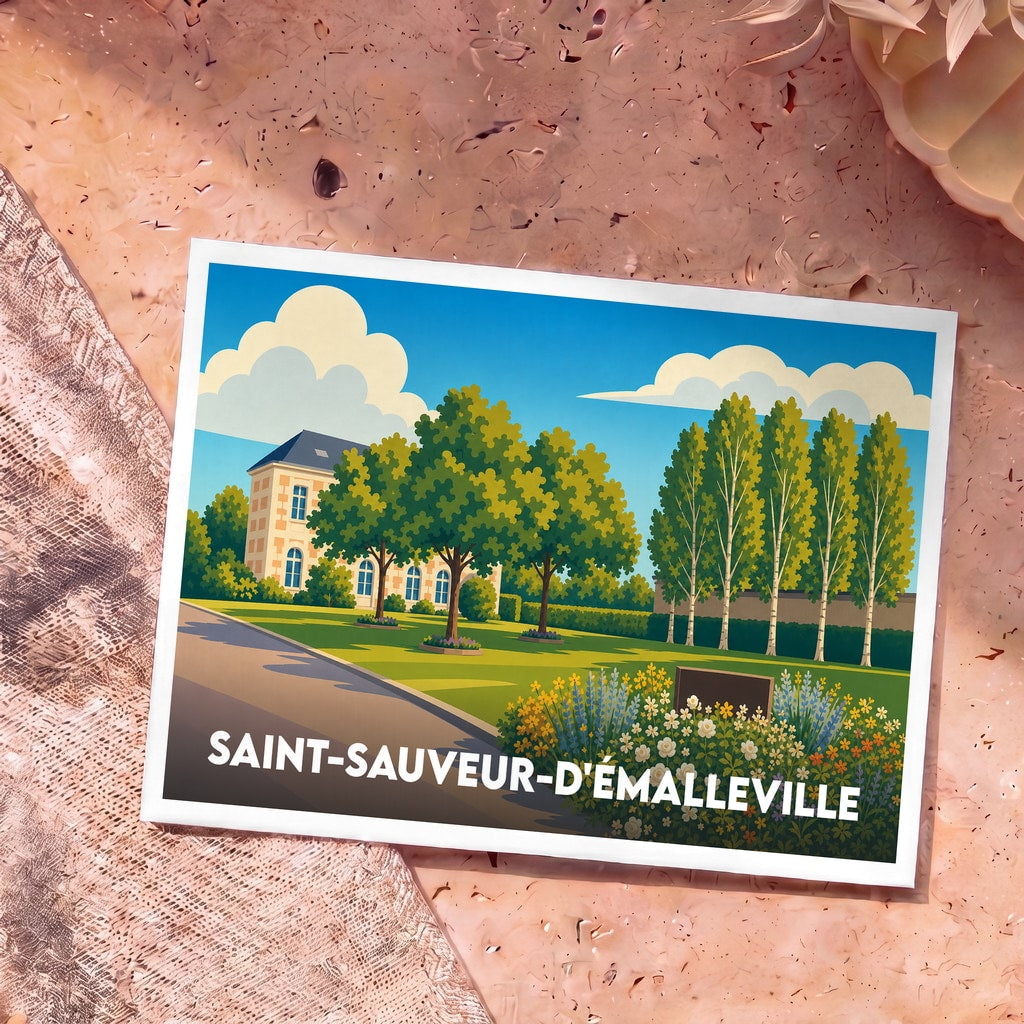 Carte postale souvenir de la ville de Saint-Sauveur-d'Émalleville avec une illustration colorée d'un parc arboré devant une demeure.