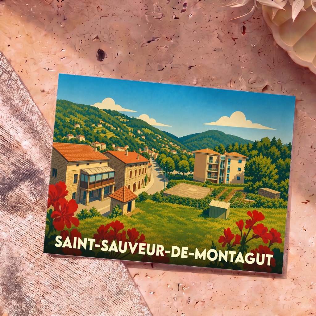 Carte postale souvenir de la ville de Saint-Sauveur-de-Montagut avec une illustration paysagère stylisée.