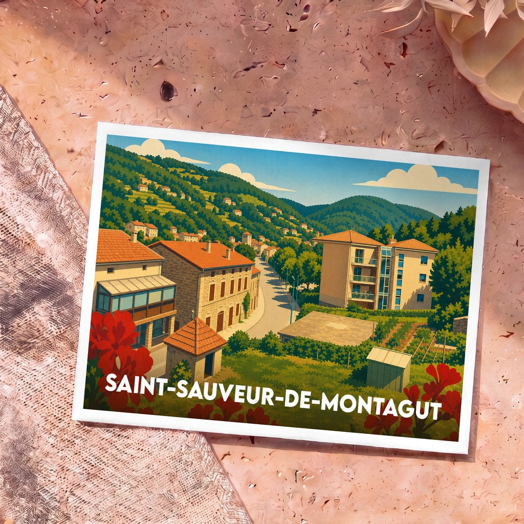 Carte postale souvenir de la ville de Saint-Sauveur-de-Montagut avec une illustration paysagère stylisée.