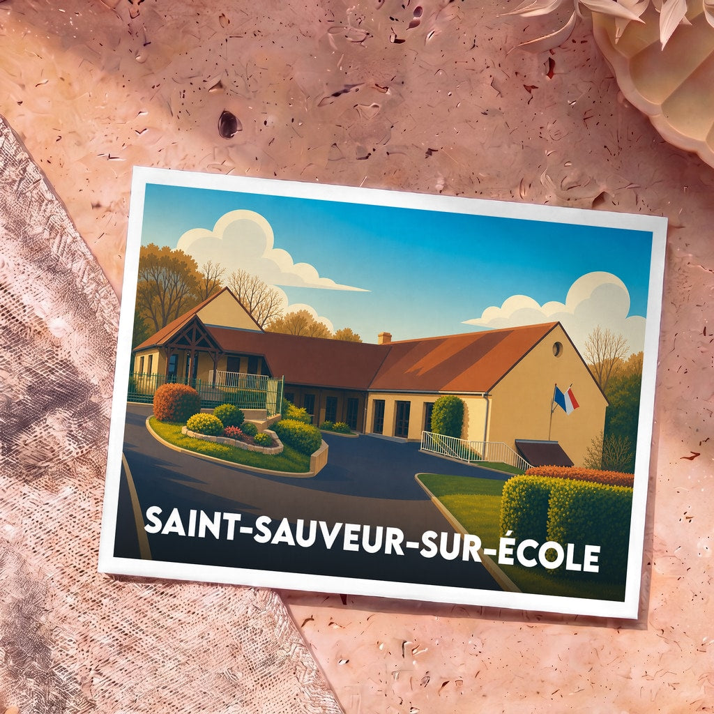 Carte postale souvenir de Saint-Sauveur-sur-École illustrant la mairie de la ville dans un style graphique épuré.