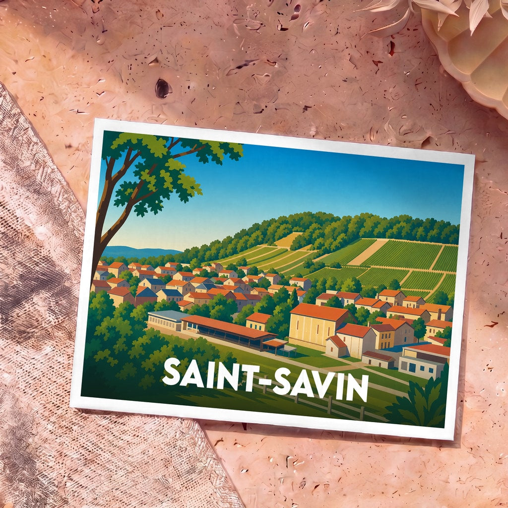 Carte postale souvenir de la ville de Saint-Savin avec une illustration stylisée de son paysage vallonné.