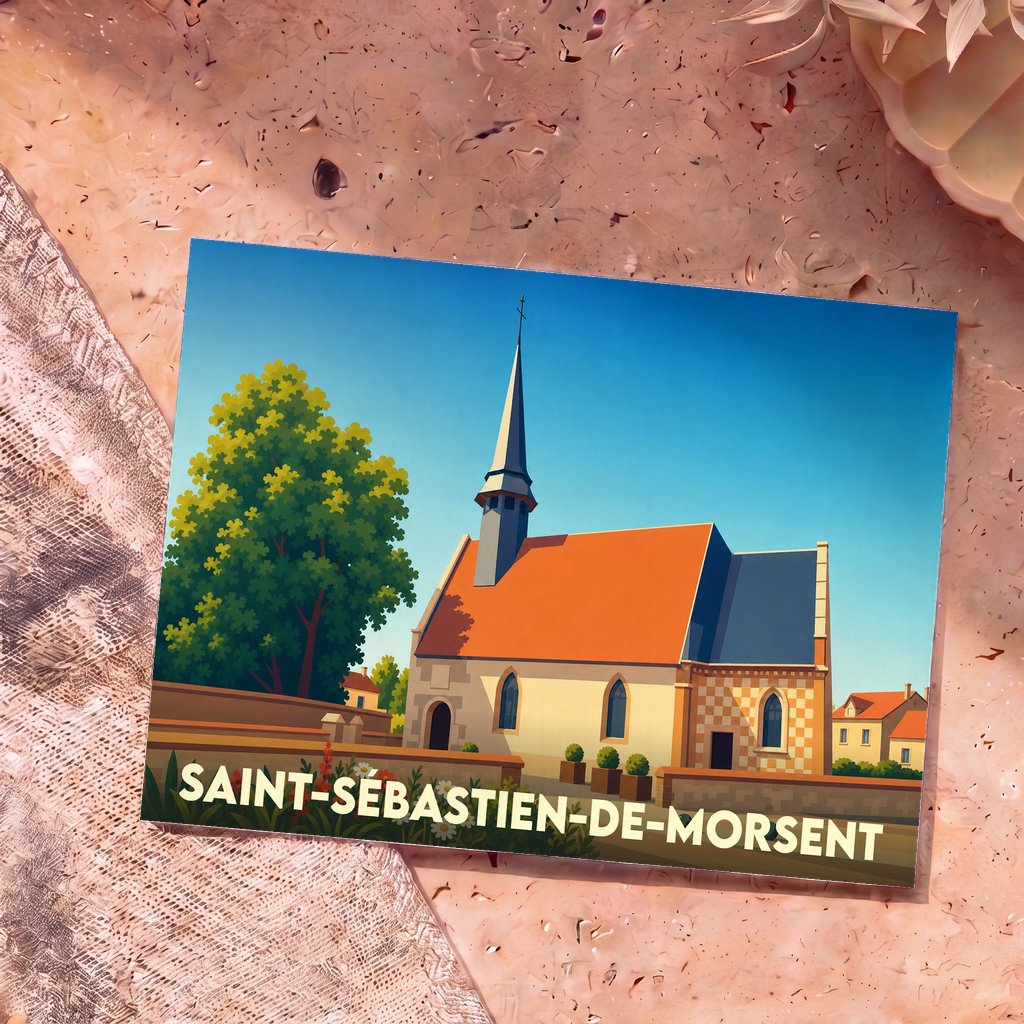 Carte postale souvenir de la ville de Saint-Sébastien-de-Morsent avec une illustration stylisée de son église.