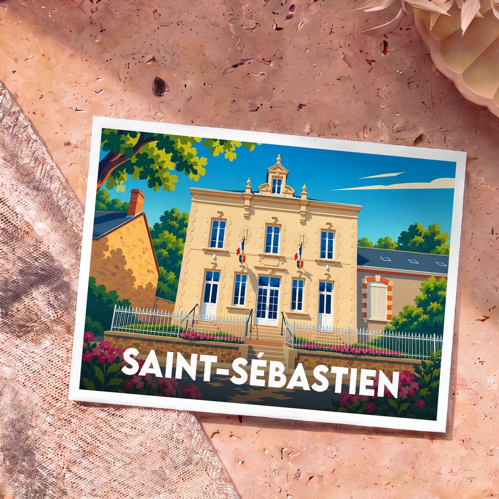Carte postale souvenir de la ville de Saint-Sébastien avec une illustration stylisée de sa mairie.