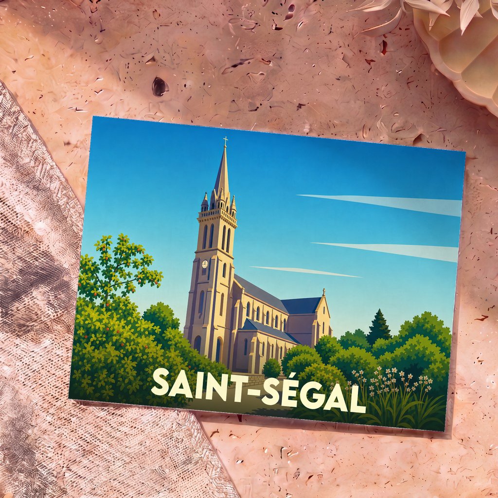 Carte postale souvenir de la ville de Saint-Ségal avec une illustration stylisée de son église entourée de verdure.