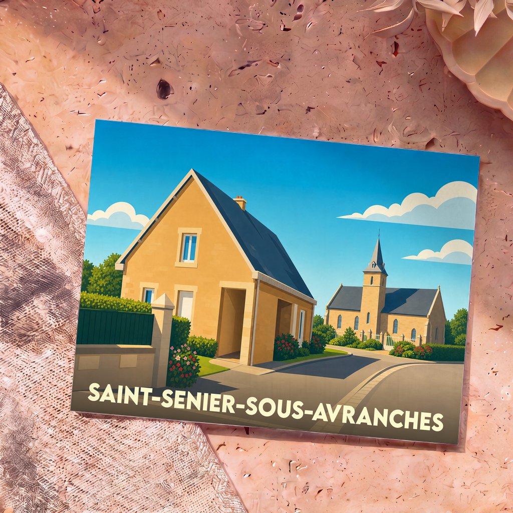 Carte postale souvenir de Saint-Senier-sous-Avranches avec une illustration stylisée d'une maison en pierre et de l'église du village.