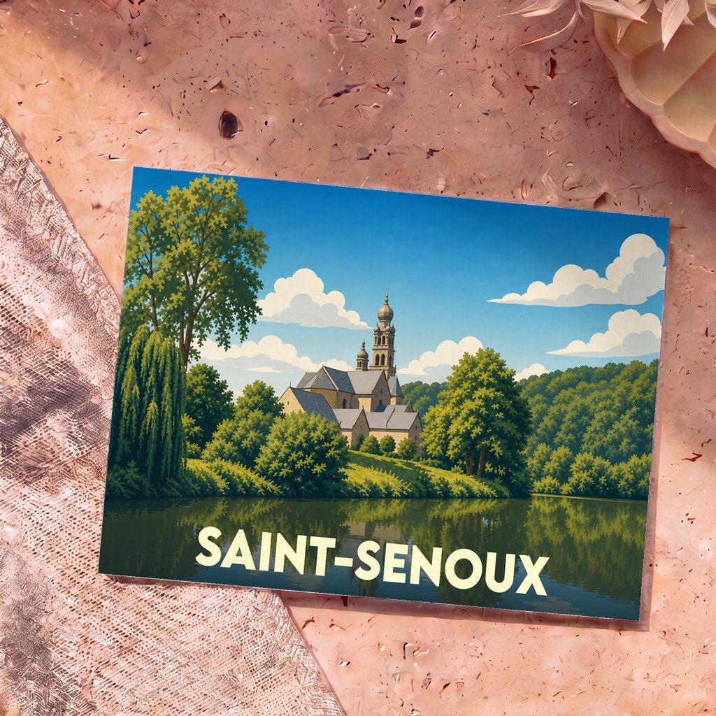 Carte postale souvenir de la ville de Saint-Senoux avec une illustration stylisée d'une église au bord de l'eau.