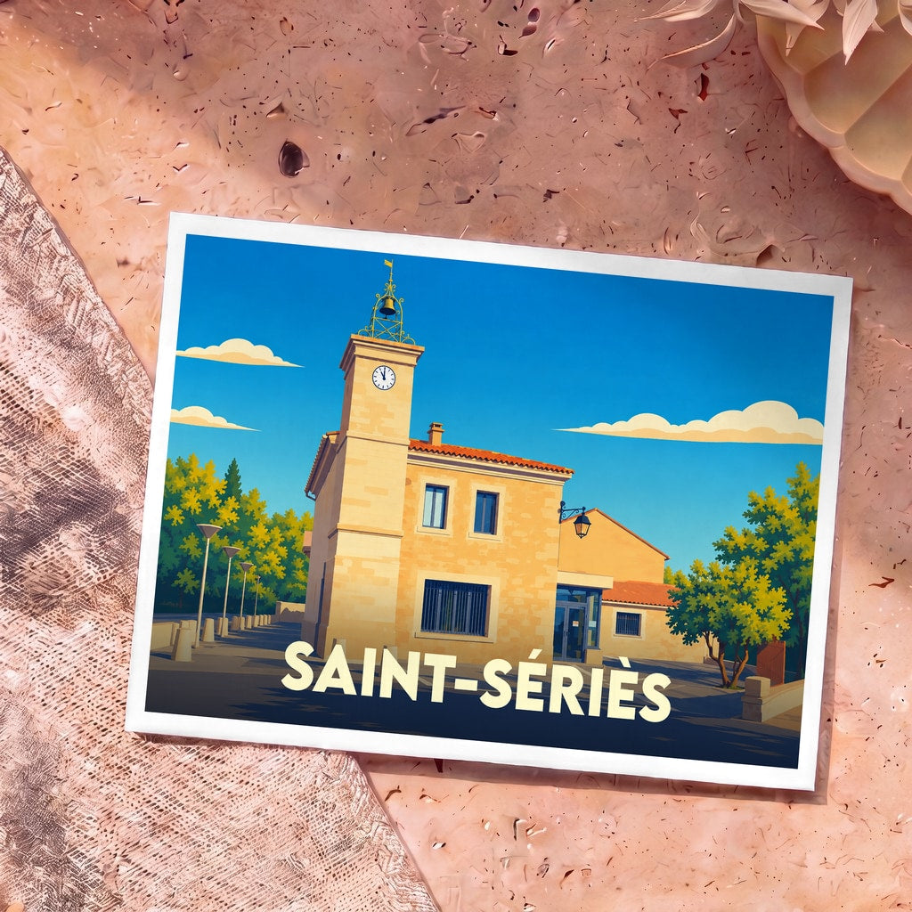 Carte postale souvenir de la ville de Saint-Sériès avec une illustration stylisée de sa mairie.
