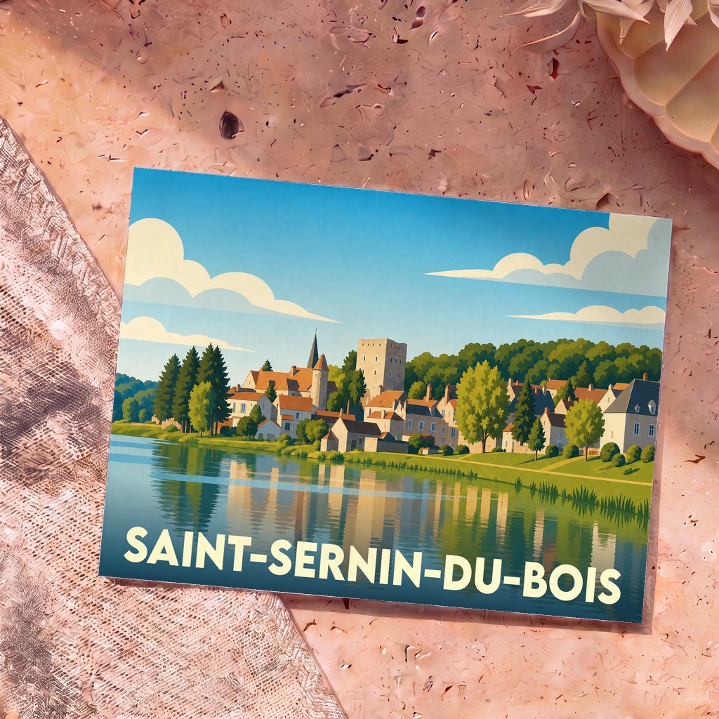 Carte postale souvenir de Saint-Sernin-du-Bois avec une illustration stylisée du village et de son lac.