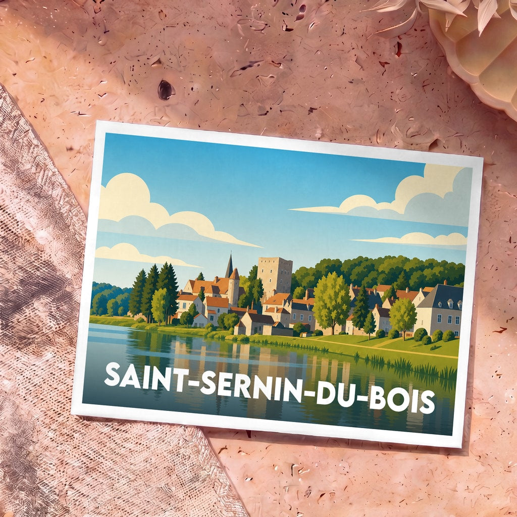 Carte postale souvenir de Saint-Sernin-du-Bois avec une illustration stylisée du village et de son lac.