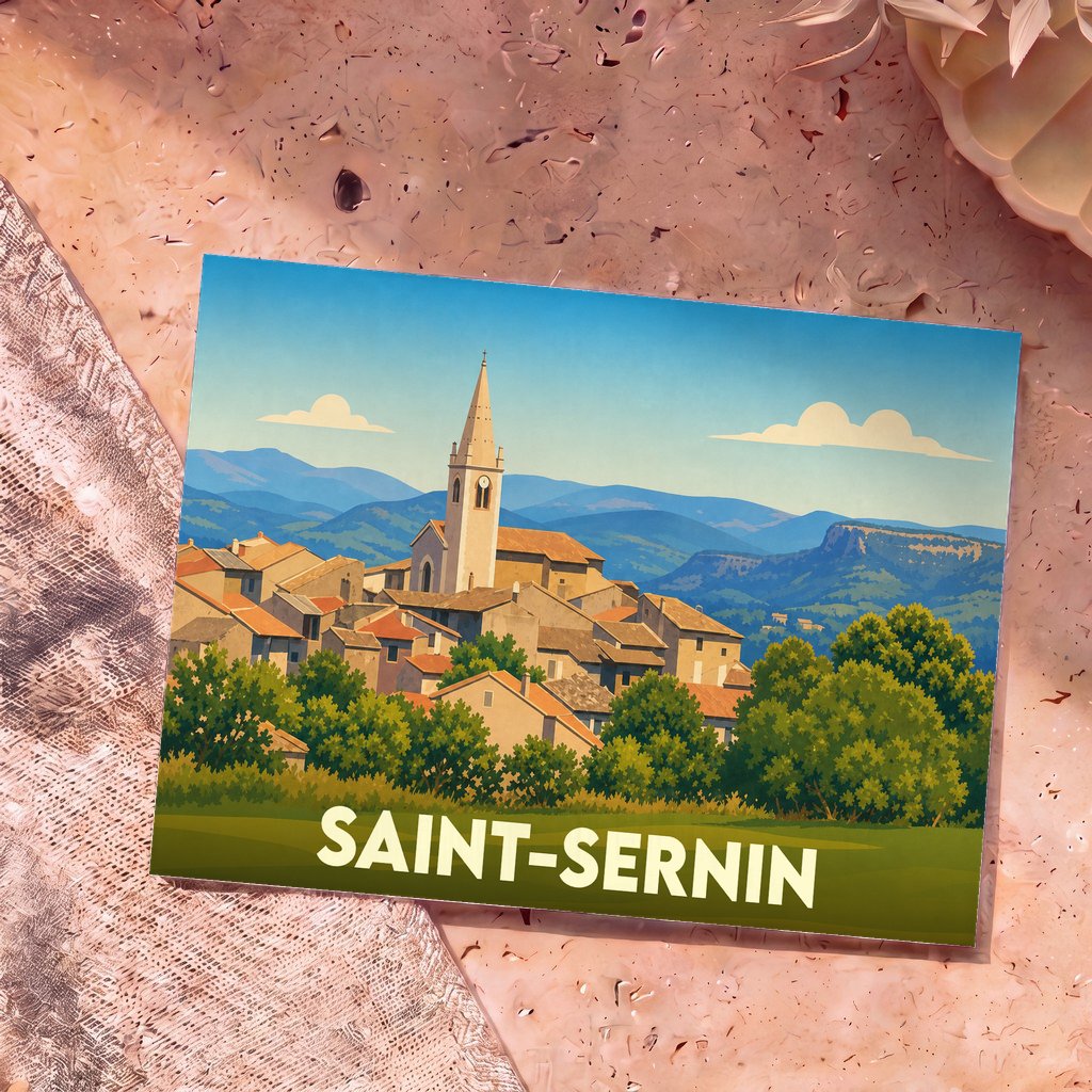 Carte postale souvenir de la ville de Saint-Sernin avec une illustration stylisée de son clocher et de ses paysages vallonnés.