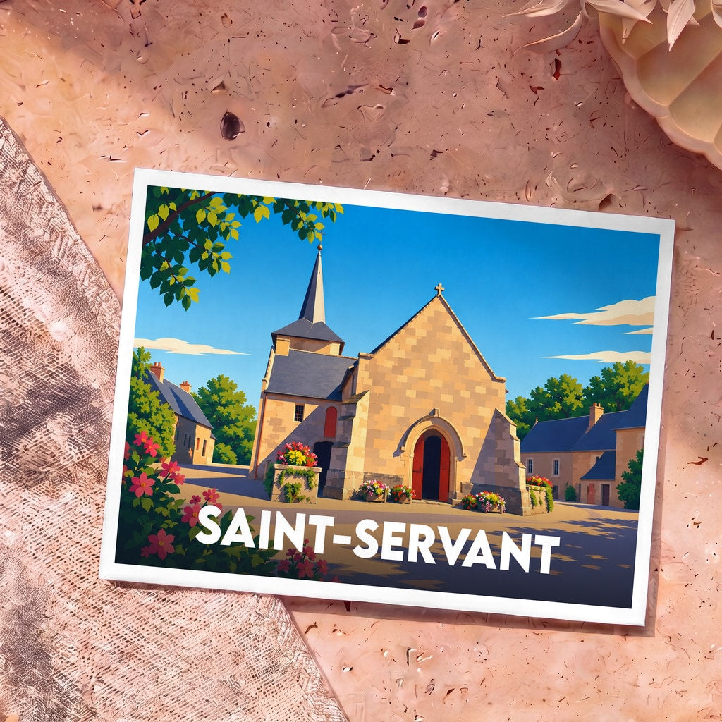 Carte postale souvenir de la ville de Saint-Servant avec une illustration stylisée de son église.