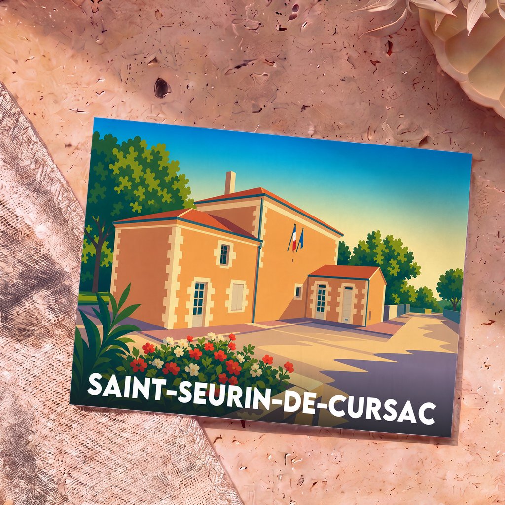 Carte postale souvenir de Saint-Seurin-de-Cursac présentant une illustration stylisée de la mairie sous un ciel azuré.