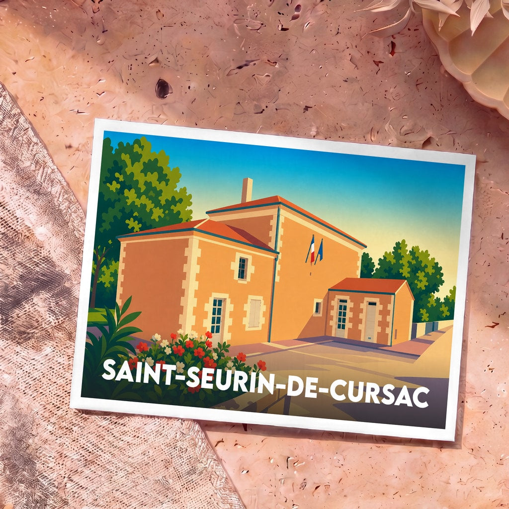 Carte postale souvenir de Saint-Seurin-de-Cursac présentant une illustration stylisée de la mairie sous un ciel azuré.
