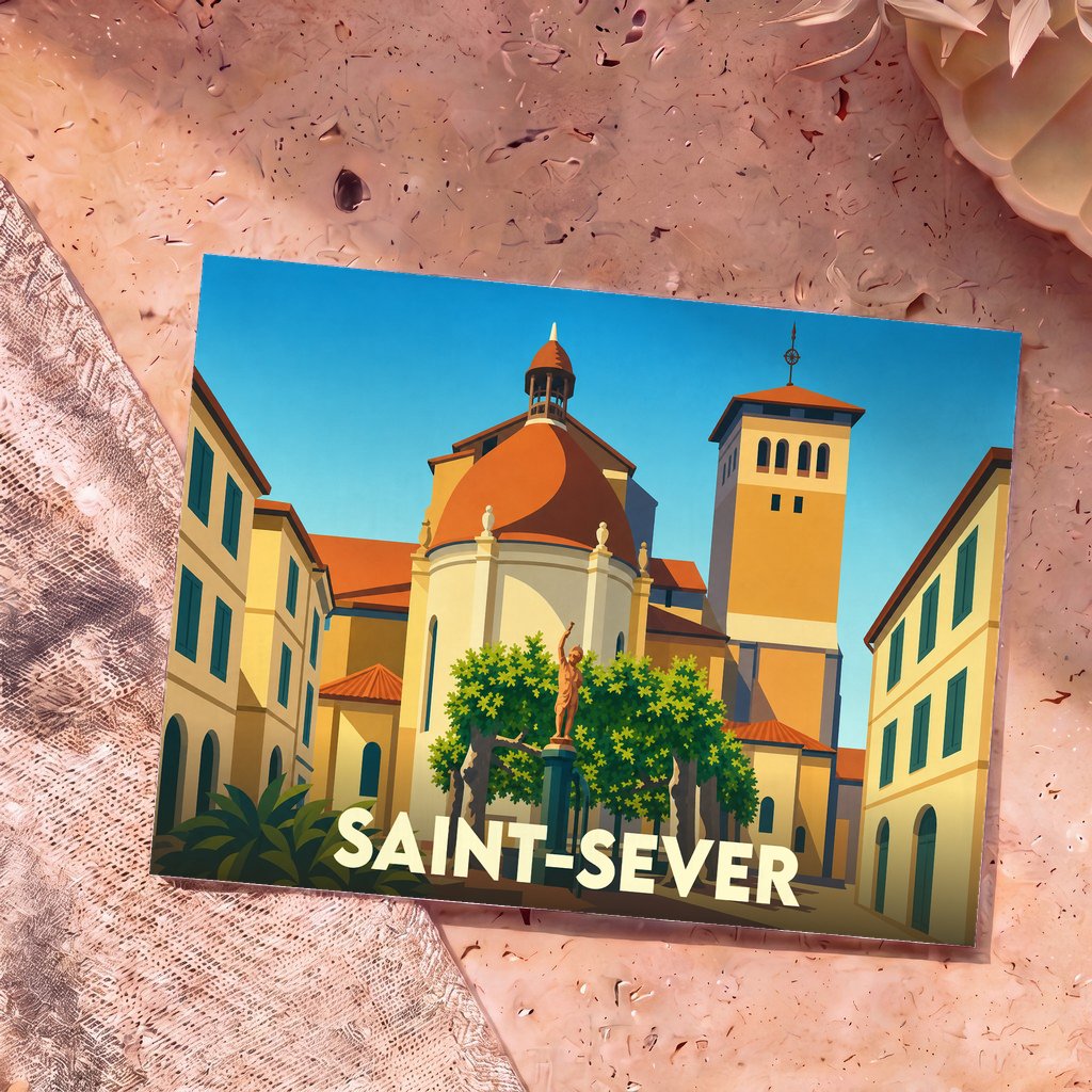 Carte postale souvenir de la ville de Saint-Sever avec une illustration stylisée et colorée de son architecture.