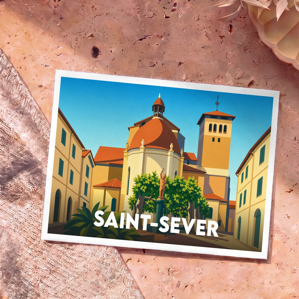 Carte postale souvenir de la ville de Saint-Sever avec une illustration stylisée et colorée de son architecture.