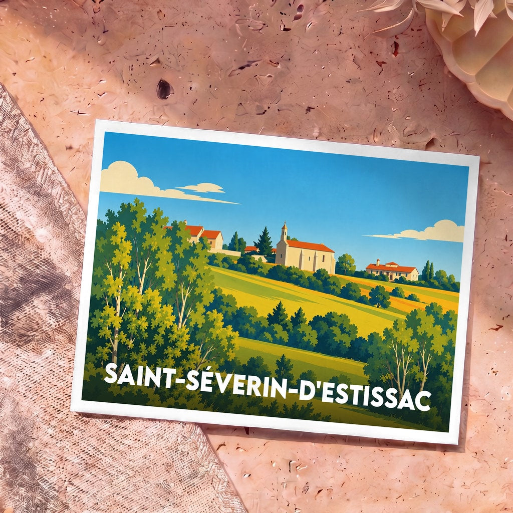Carte postale souvenir de Saint-Séverin-d'Estissac illustrant un paysage de campagne vallonné et ensoleillé.