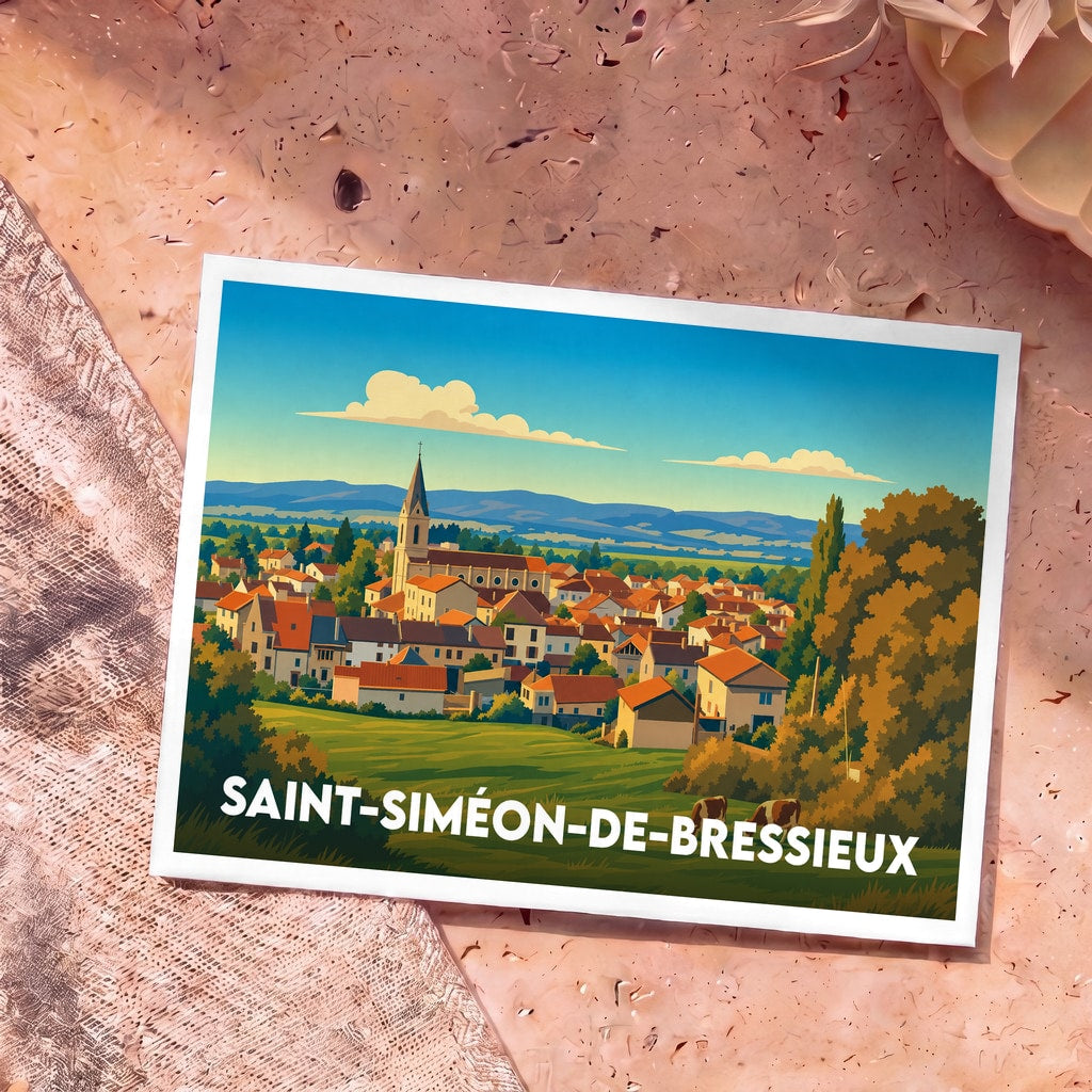 Carte postale souvenir de Saint-Siméon-de-Bressieux arborant une illustration stylisée et colorée du village.