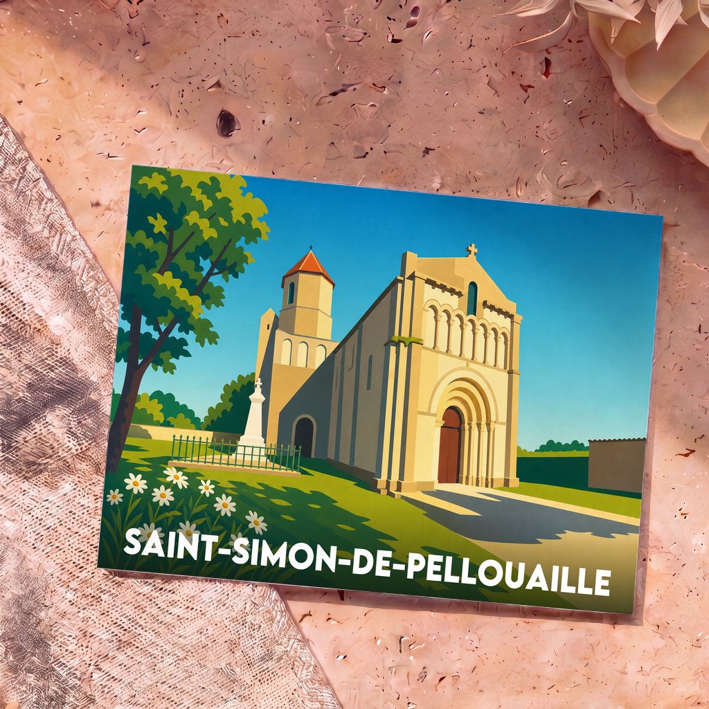 Carte postale souvenir de Saint-Simon-de-Pellouaille illustrant son église romane dans un style graphique épuré et coloré.