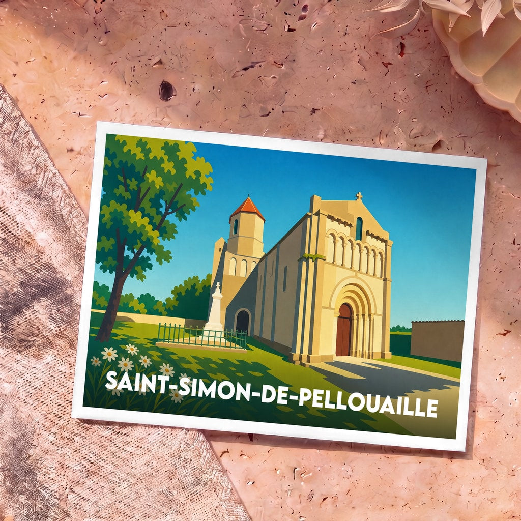 Carte postale souvenir de Saint-Simon-de-Pellouaille illustrant son église romane dans un style graphique épuré et coloré.