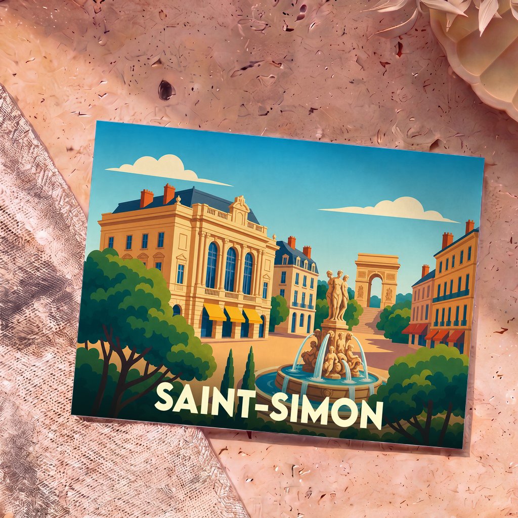 Carte postale souvenir de la ville de Saint-Simon avec une illustration stylisée d'une place ensoleillée ornée d'une fontaine et de bâtiments classiques.