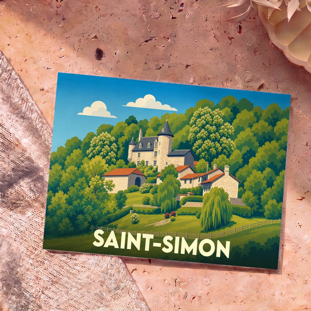 Carte postale souvenir de Saint-Simon avec une illustration stylisée d'un château niché dans un paysage vallonné et verdoyant.
