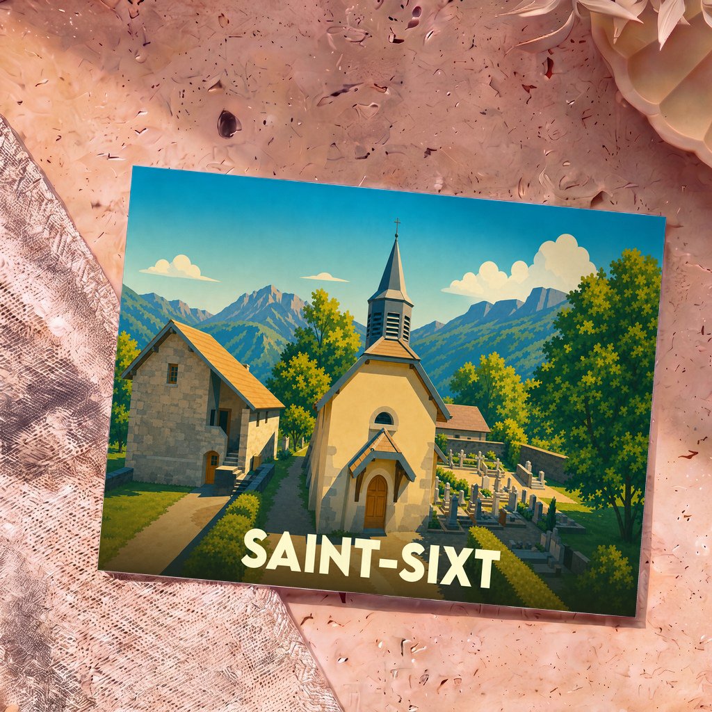 Carte postale souvenir de la ville de Saint-Sixt illustrant une église et ses montagnes environnantes dans un style graphique.