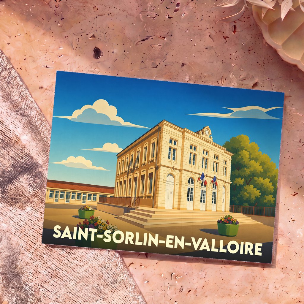 Carte postale souvenir de Saint-Sorlin-en-Valloire illustrant la mairie dans un style graphique épuré.