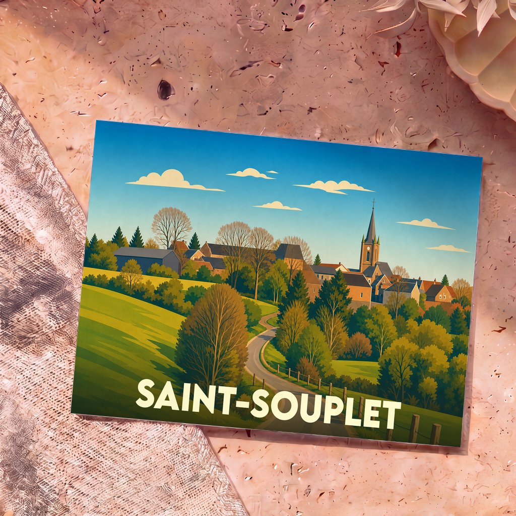 Carte postale souvenir de la ville de Saint-Souplet avec une illustration stylisée d'un paysage de campagne.